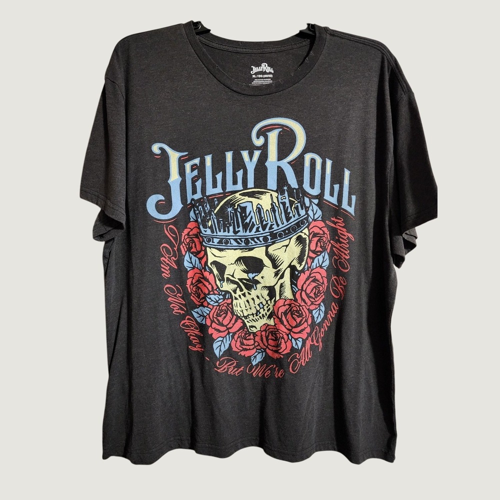 Jelly Roll T-Shirt Beautifully Broken Tour Skull Roses XL Charcoal Gray